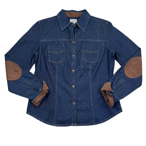 LOFT Tops - Loft Cotton Western Denim Faux Suede Long Sleeve Button Down Shirt Women's M